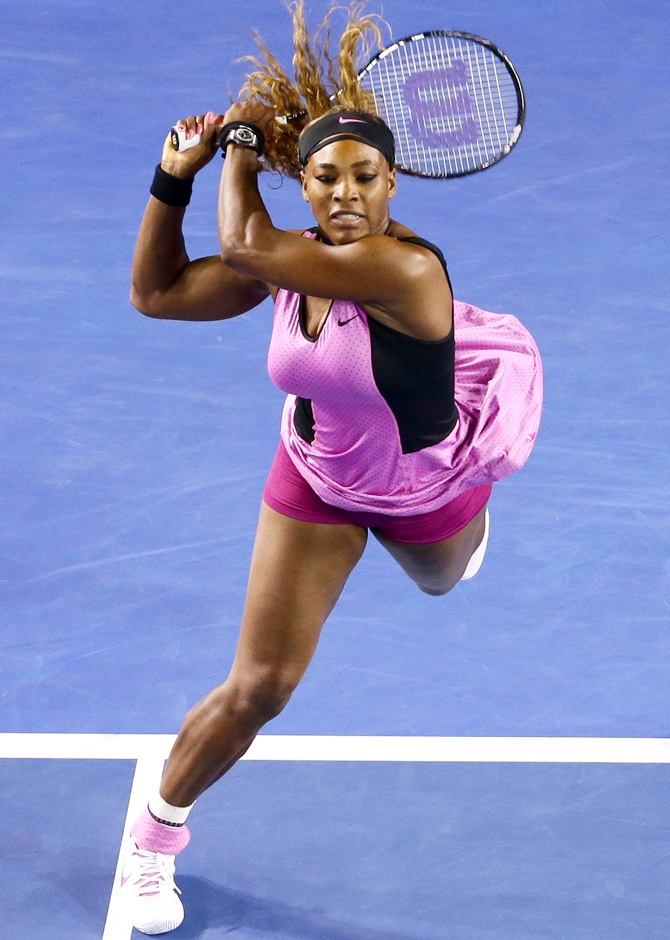 Serena Williams plays a backhand