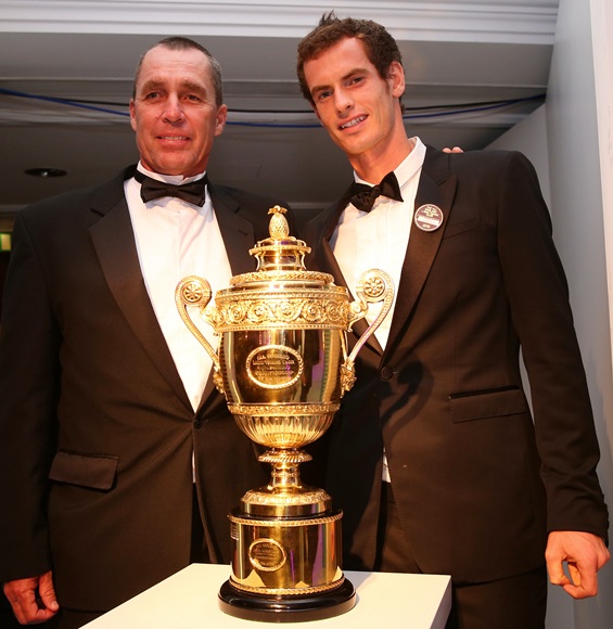 entlemen's Singles Champion Andy Murray of Great Britain poses with Coach Ivan Lendl (left)