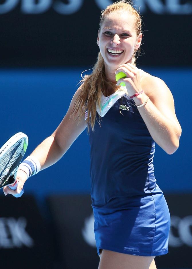 Dominika Cibulkova of Slovakia celebrates winning her quarterfinal match against Simona Halep