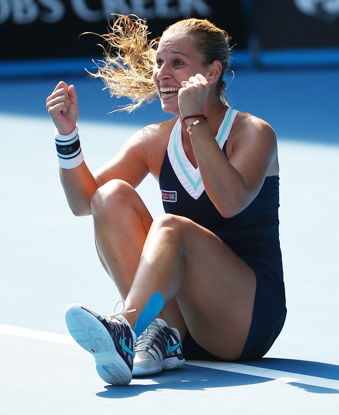 Dominika Cibulkova of Slovakia celebrates winning her semifinal match against Agnieszka Radwanska of Poland
