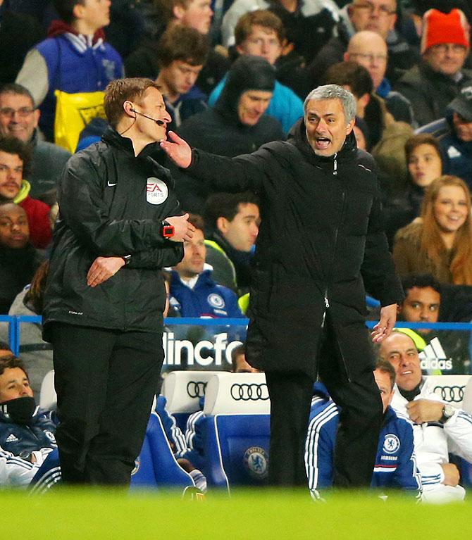 Chelsea manager Jose Mourinho reacts during the Premier League match between Chelsea and West Ham United at Stamford Bridge on Wednesday