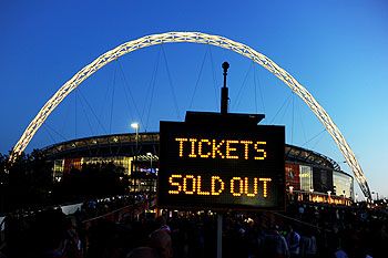 A sign reading 'tickets sold out' is displayed prior to the FIFA 2014 World Cup Qualifying Group H match between England and Poland at Wembley Stadium on October 15, 2013