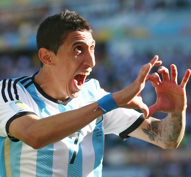 Angel di Maria of Argentina celebrates scoring his team's goal in extra-time