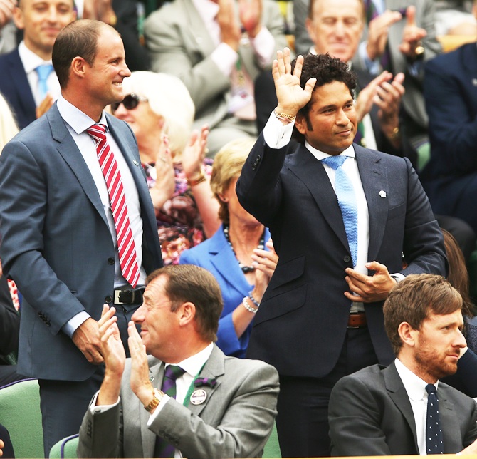 Andrew Strauss and Sachin Tendulkar in the Royal box on centre court on Day six of Wimbledon
