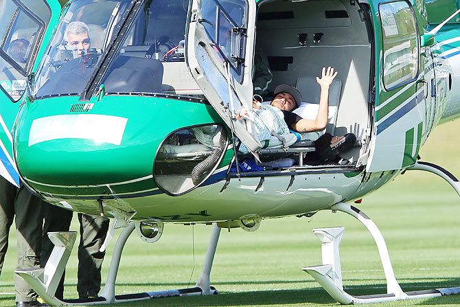 Brazil's Neymar is seen inside a medical helicopter at the Granja Comary training center, on July 05, 2014 in Teresopolis, Brazil, after his back injury during the 2014 World Cup quarter-final