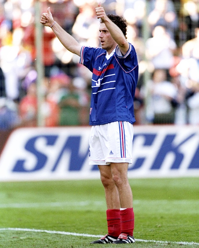 Laurent Blanc of France applauds the crowds after his team won
