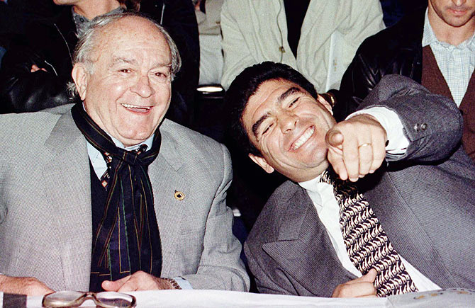 Argentinian soccer star Diego Maradona (right) with Argentinian soccer legend Alfredo Di Stefano