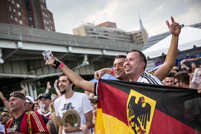 German fans in New York City react after Germany's seventh goal.