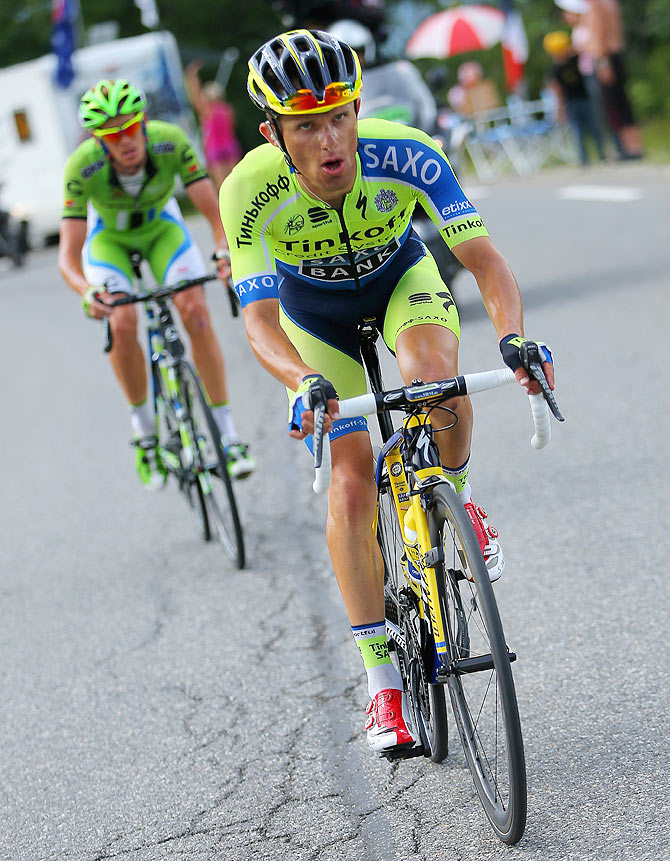 Rafal Majka of Poland and Tinkoff-Saxo leaves Alessandro De Marchi of Italy and Cannondale on the climb to the finish en route to winning the fourteenth stage of the 2014 Tour de France, a 177km stage between Grenoble and Risoul in Risoul, France on Saturday