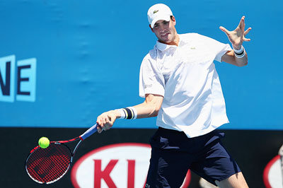 John Isner of the United States plays a forehand
