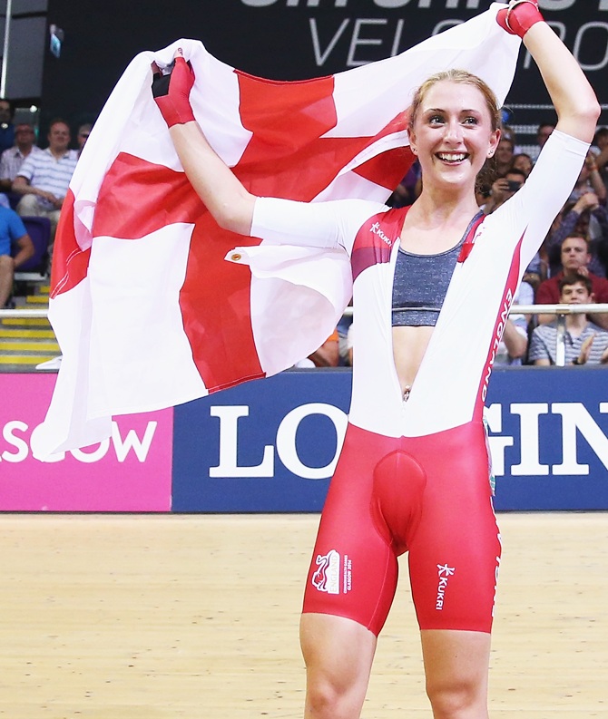 Laura Trott of England celebrates after winning the Women's 25km Points Race Final at Sir   Chris Hoy Velodrome during day four of the Glasgow 2014 Commonwealth Games