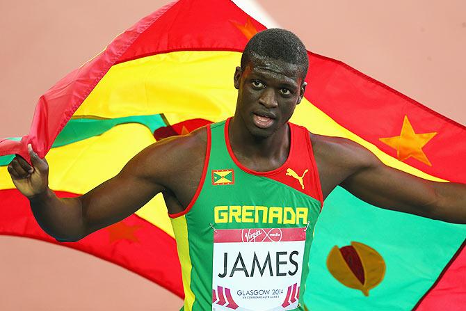 Kirani James of Grenada celebrates winning gold in the Men's 400 metres Final at Hampden Park during day seven of the Glasgow 2014 Commonwealth Games on Wednesday