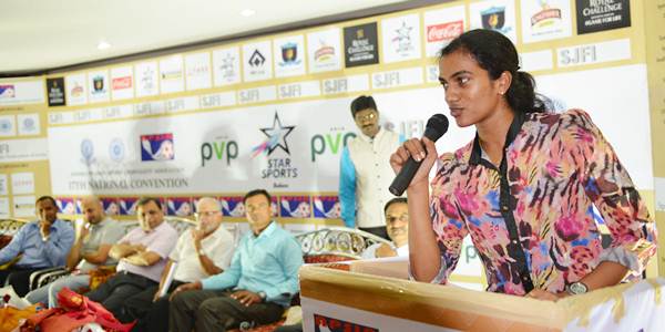 Badminton ace P V Sindhu addresses the SJFI convention in Hyederabd, on Thursday.