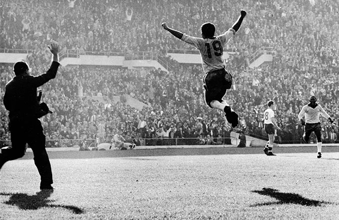 Brazilian player Zito (right) celebrates scoring the second goal for Brazil during the 1962 World Cup final against Czechoslovakia in Santiago, Chile.
