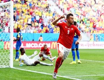 Haris Seferovic celebrates his goal against Ecuador 