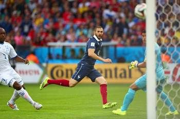 Karim Benzema scores his second goal against Honduras