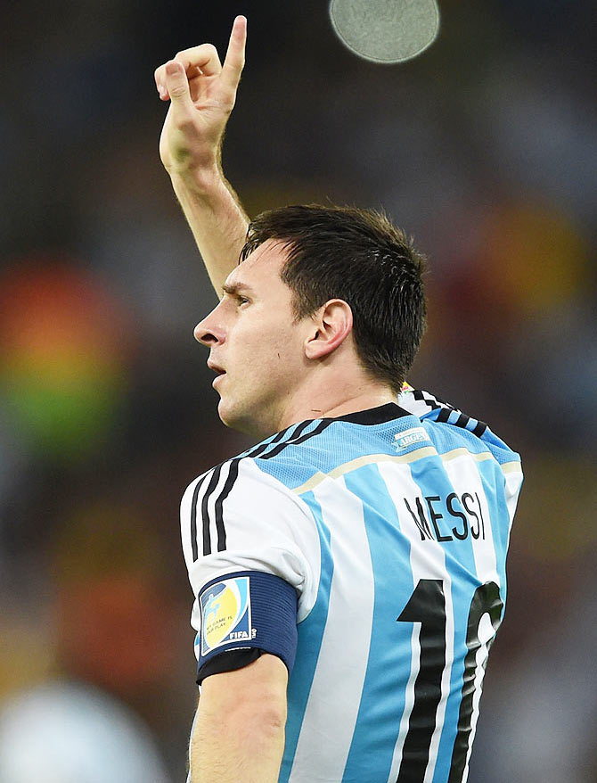 Lionel Messi of Argentina acknowledges the fans after scoring