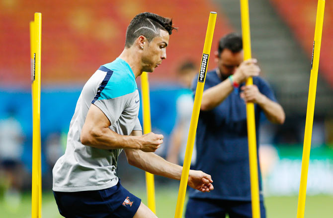 Cristiano Ronaldo of Portugal works out during training at Arena Amazonia in Manaus on Saturday