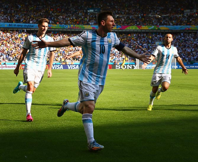 Lionel Messi of Argentina celebrates scoring his team's first goal