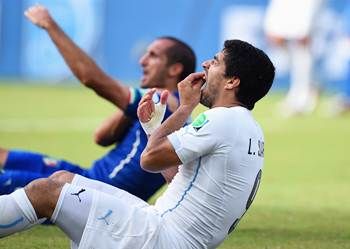 Luis Suarez reacts as Giorgio Chiellini indicates to the referee that he was bitten