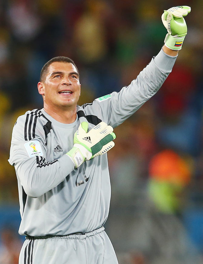 Goalkeeper Faryd Mondragon of Colombia acknowledges the fans