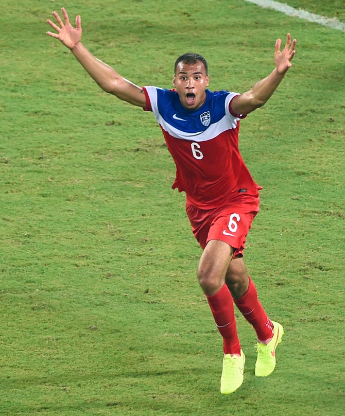 John Brooks of the United States celebrates after scoring his team's second goal against Ghana