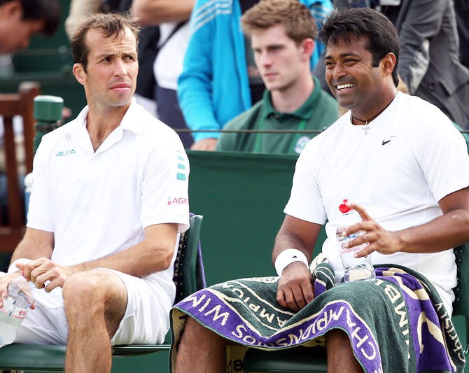 Radek Stepanek of the Czech Republic and India's Leander Paes during the doubles match