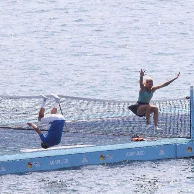 Grigor Dimitrov and Eugenie Bouchard jump in water for a swim.
