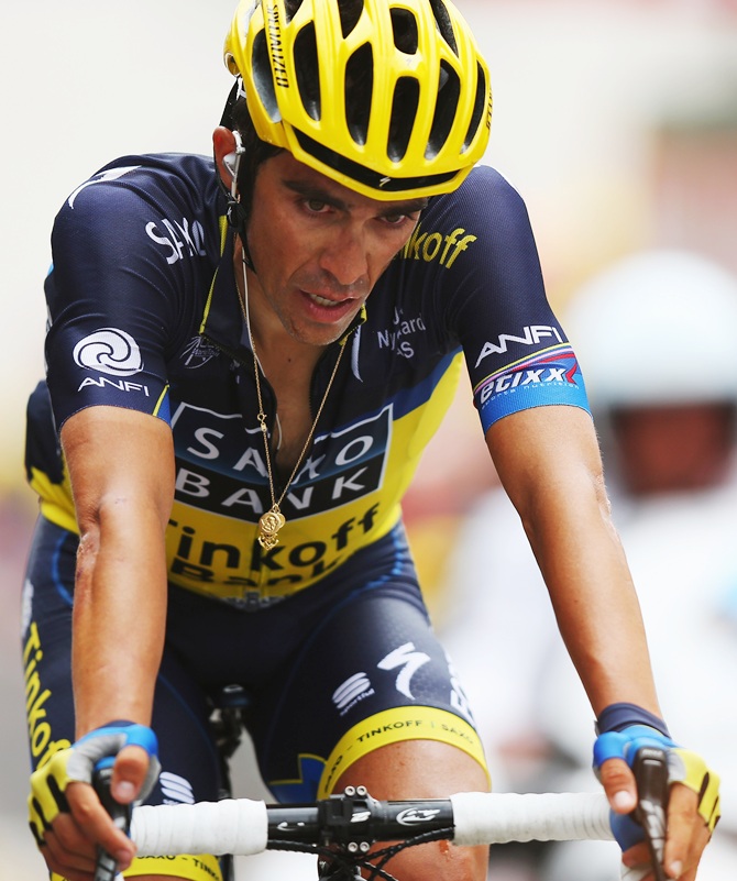 Alberto Contador of Spain and Team Saxo-Tinkoff reacts as he crosses the finish line