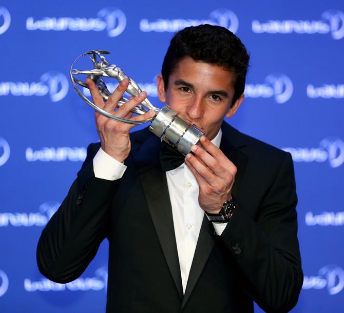 Laureus World Breakthrough of the Year winner Marc Marquez poses with his trophy