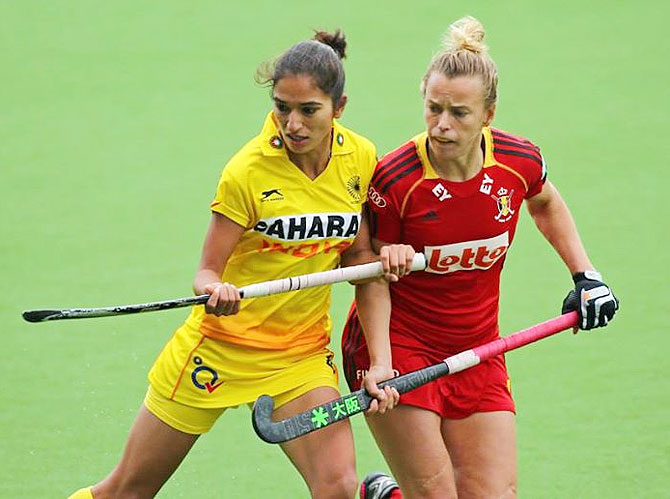 Action from the match between India and Belgium in Glasgow