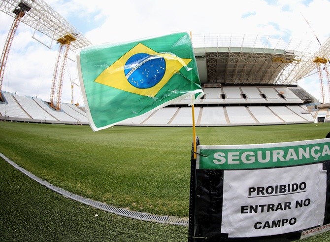 Construction continues at the Arena de Sao Paulo venue for the FIFA 2014 World Cup in Sao Paulo, Brazil