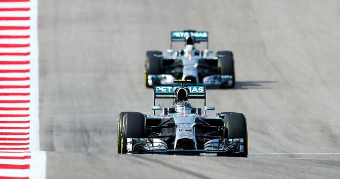 Nico Rosberg of Germany and Mercedes GP leads Lewis Hamilton of Great Britain and Mercedes GP during the United States Formula One Grand Prix