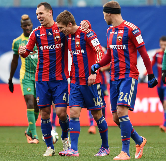 Players of PFC CSKA Moscow celebrate after scoring a goal