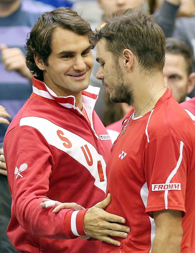 Roger Federer and Stanislas Wawrinka of Switzerland