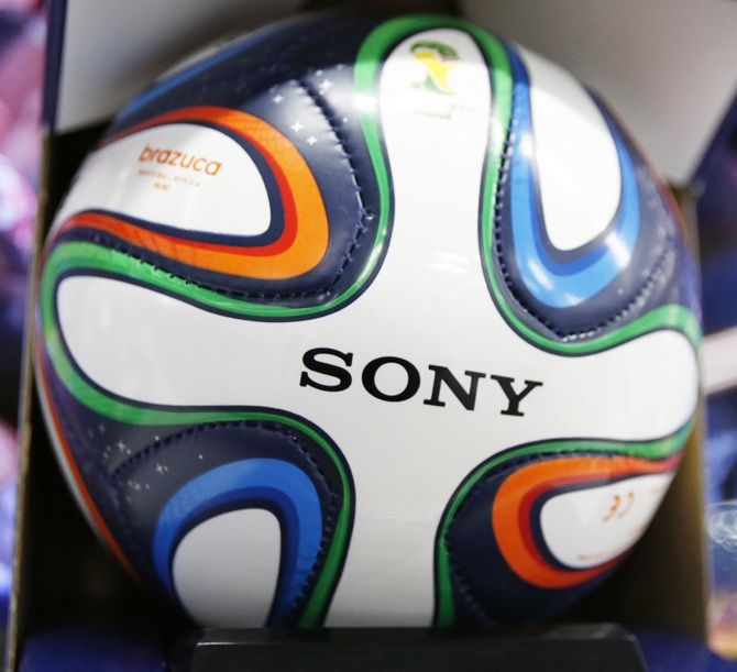 Sony Corp logo is seen on a miniature version of 'Brazuca', the official match ball for   the 2014 FIFA World Cup