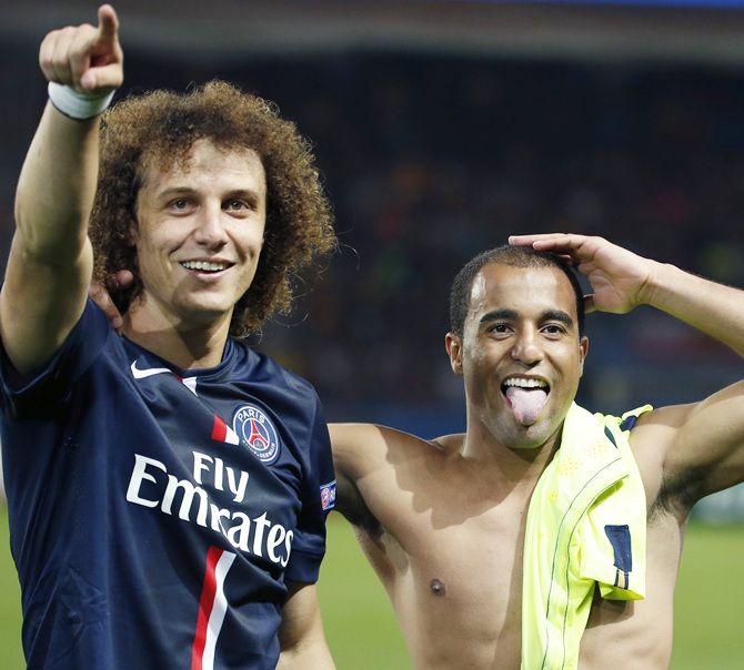Paris St Germain's David Luiz, left, and Lucas