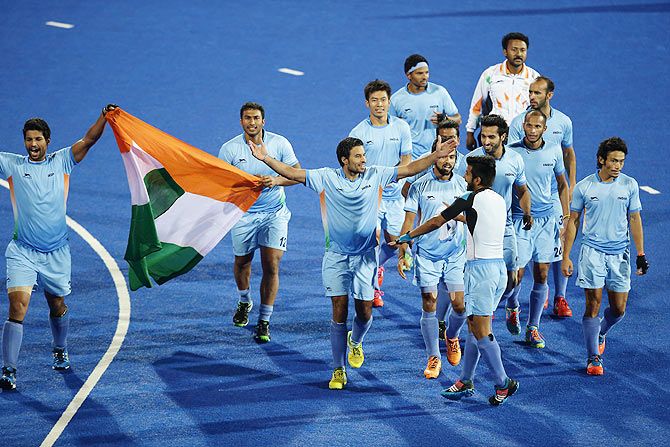 India players celebrate after defeating Pakistan to win the men's hockey gold medal at the 2014 Asian Games at Seonhak Hockey Stadium in Incheon on Wednesday.
