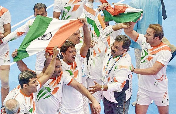 The Indian men's Kabaddi team celebrate after winning gold at the Asian Games on Friday