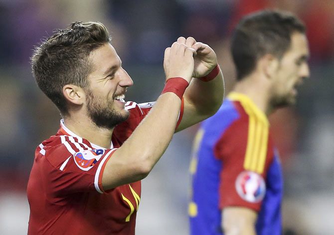 Belgium's Dries Mertens celebrates after scoring against Andorra during their Euro 2016 qualifying match against at King Baudouin stadium in Brussels on Friday