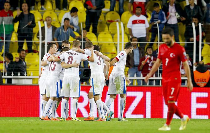 Players of the Czech Republic celebrate after winning their Euro 2016 Group A qualifying soccer match against Turkey in Istanbul