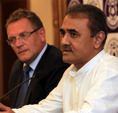 FIFA secretary general Jerome Valcke (left) with AIFF president Praful Patel