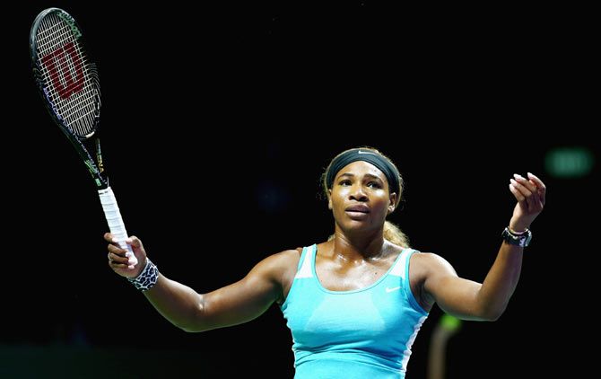Serena Williams reacts during her WTA Finals round-robin match against Simona Halep on Wednesday