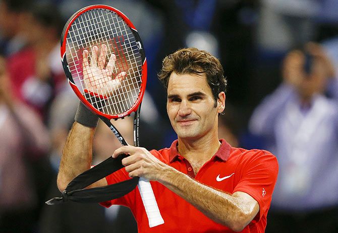  Roger Federer of Switzerland reacts after winning his match against Grigor Dimitrov of Bulgaria at the Swiss Indoors ATP tennis tournament in Basel on Friday