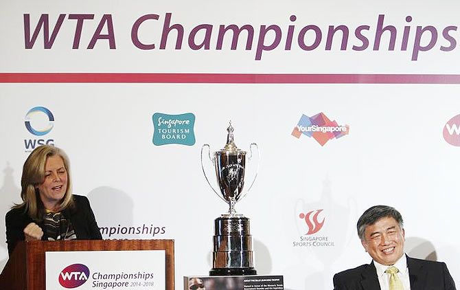 Stacey Allaster (left), Chairman and Chief Executive Officer of the Women's Tennis Association (WTA), speaks
