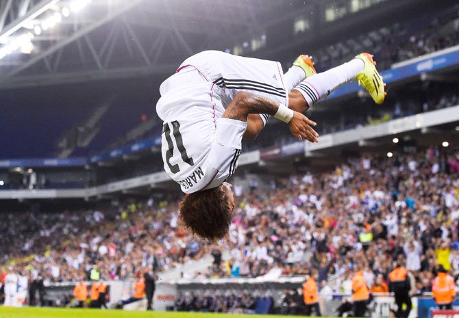 Marcelo Vieira of Real Madrid CF celebrates after scoring his team's fourth goal