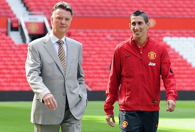 Manchester United manager Louis Van Gaal with new signing Angel Di Maria at Old Trafford.
