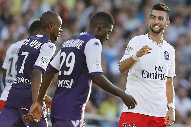 Paris St Germain's Javier Pastore (right) reacts during the team's French Ligue 1 soccer match against Toulouse