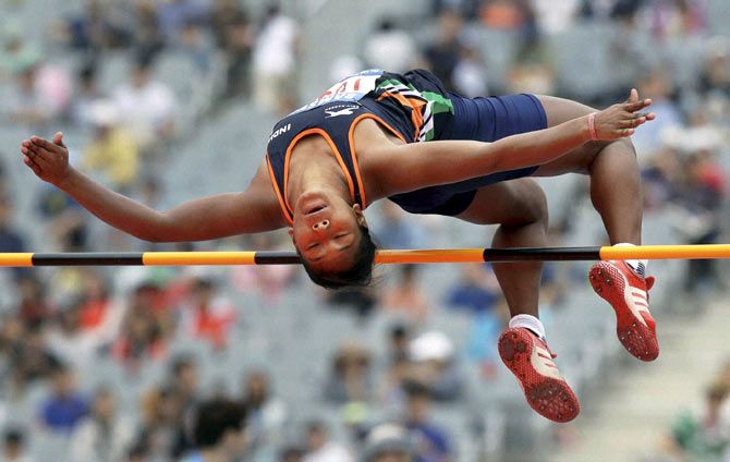  India's Swapna Barman jumping over the horizontal bar during the high jump  event of women's heptathlon at the 17th Asian Games in Incheon on Sunday