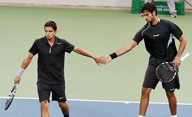 Indian Tennis players Saketh Myneni and Sanam Singh at mens doubles final against Korea at Asian Games in Incheon on Monday